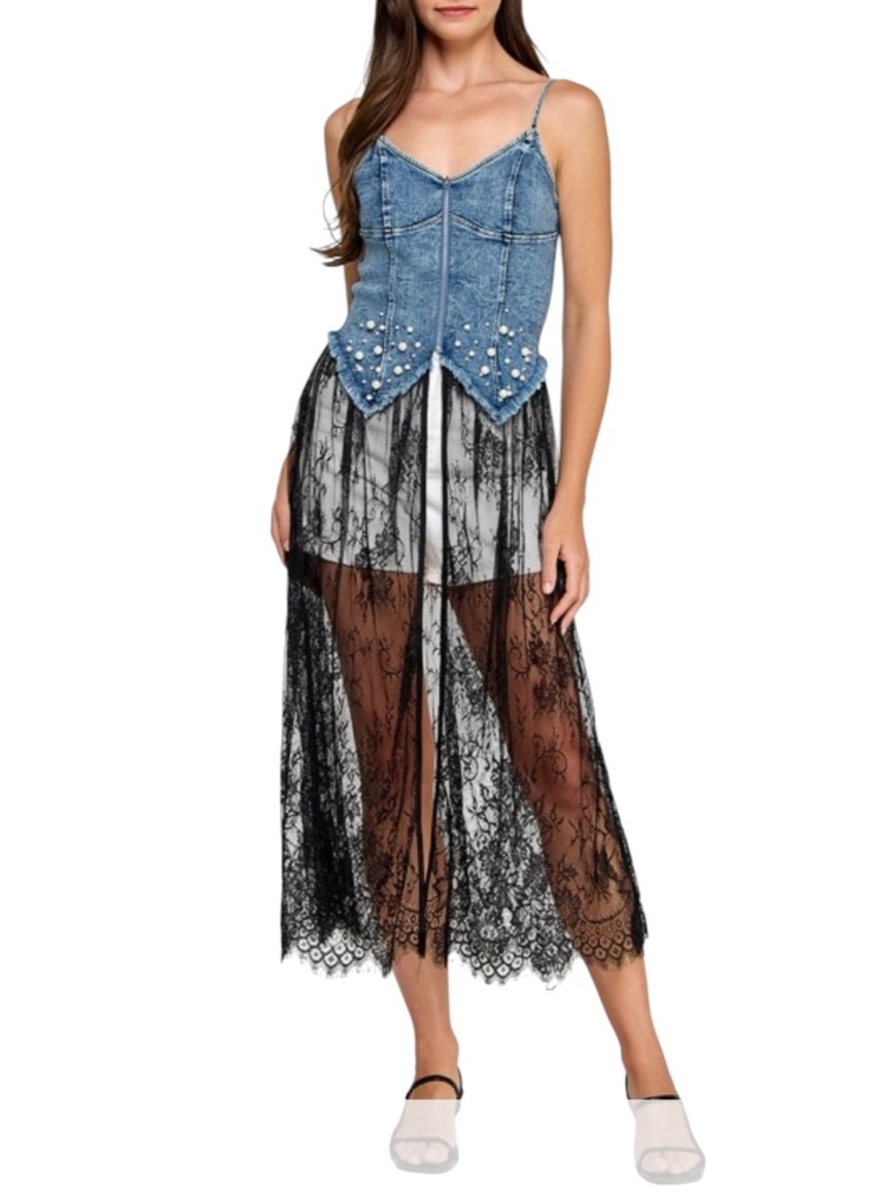 Denim, Lace & Pearl Zip Strap Zip Vest with Lace Tulle Skirt 🔥